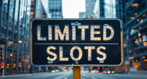 limited slots text on road sign in middle of modern business city background