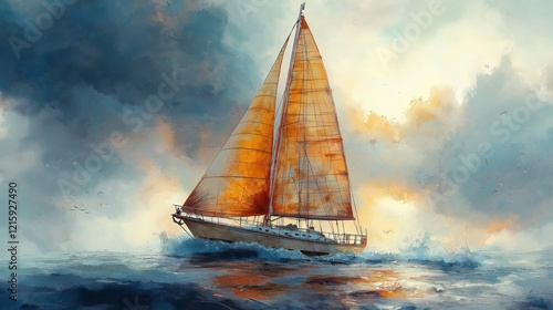 A painting of a sailboat on a stormy sea photo