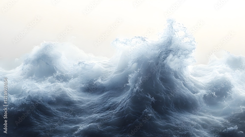 Fototapeta premium Ocean wave crests, stormy sea, white background, nature scene
