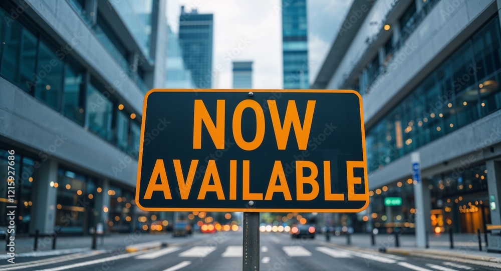 now available text on road sign in middle of modern business city background now available text on road sign in middle of modern business city background