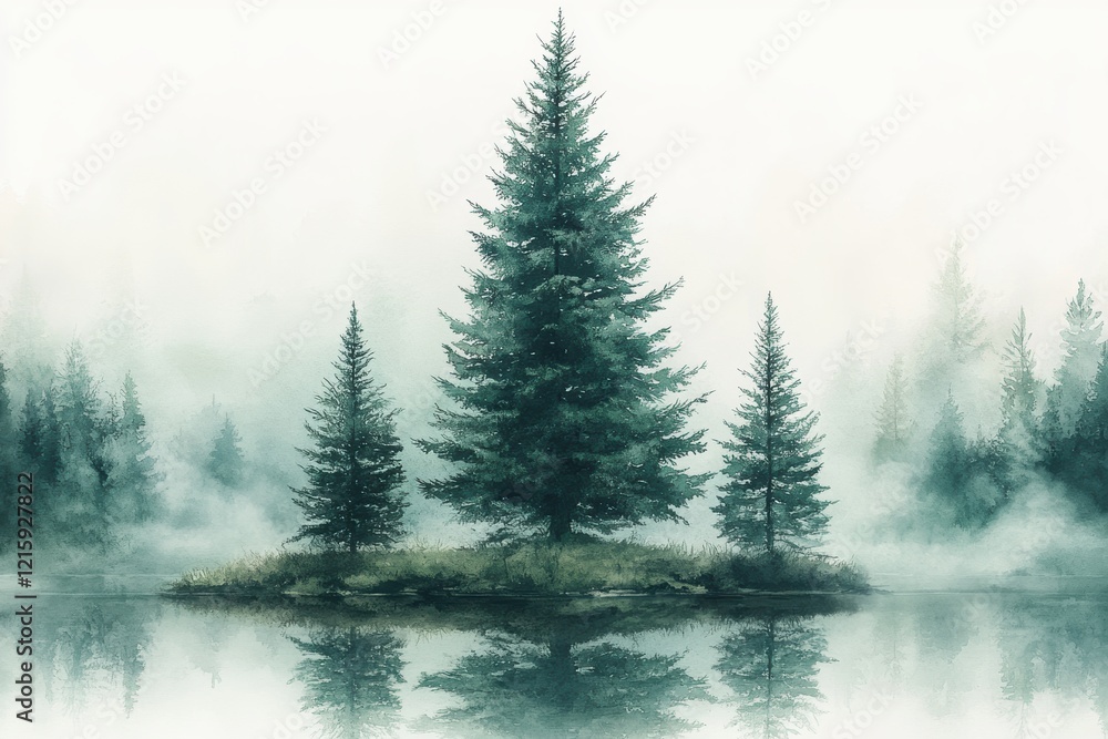 Fototapeta premium Tranquil Misty Landscape with Pine Trees and Calm Water Reflection