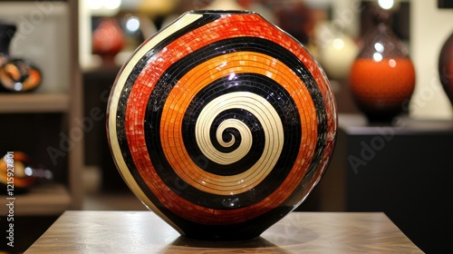 Spiral patterned vase displayed on table at craft fair, blurred pottery background