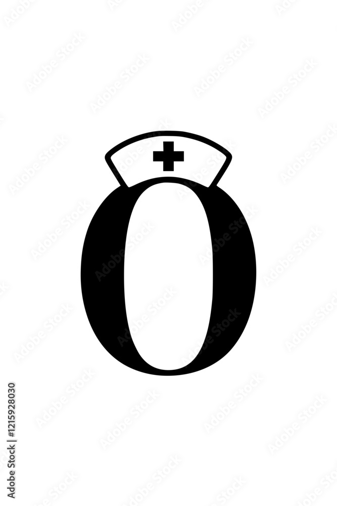 Obraz premium Letter O with nurse hat illustration, Creative design of the letter O featuring a nurse hat with a medical cross, symbolizing healthcare, nursing, and medical assistance. 