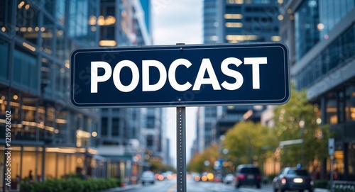 podcast text on road sign in middle of modern business city background