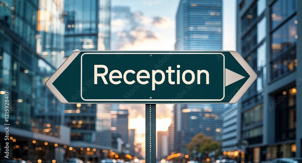 reception text on road sign in middle of modern business city background