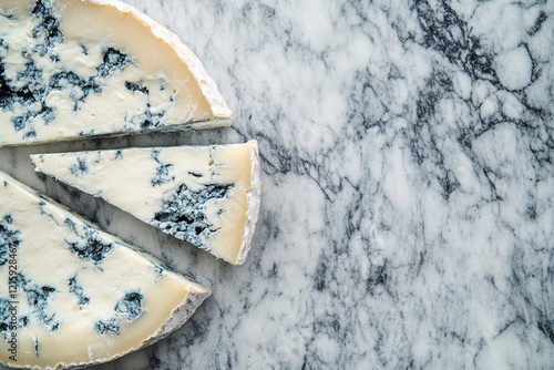 A top-down view of blue-veined sliced Saint Agur cheese on a marble floor. (Generative AI) photo