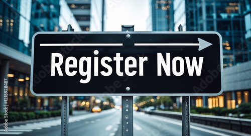 register now text on road sign in middle of modern business city background