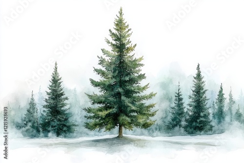 Lush Pine Tree Forest Watercolor Illustration with Misty Background