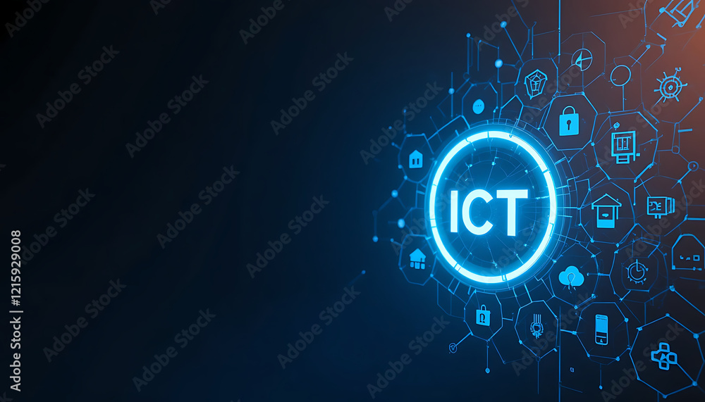 Information and communications technology with businessman on a dark blue background