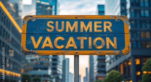 summer vacation text on road sign in middle of modern business city background