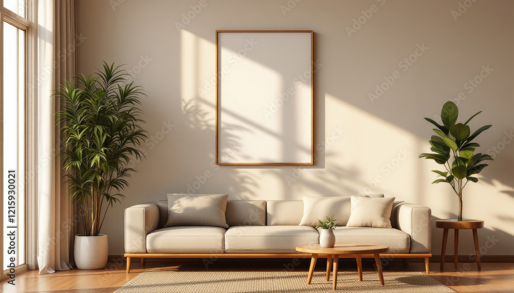 a large window with white curtains, a white sofa with two pillows, a wooden coffee table, and two potted plants. Cozy modern living room with photo frame design a large window with white curtains, a white sofa with two pillows, a wooden coffee table, and two potted plants. Cozy modern living room with photo frame design