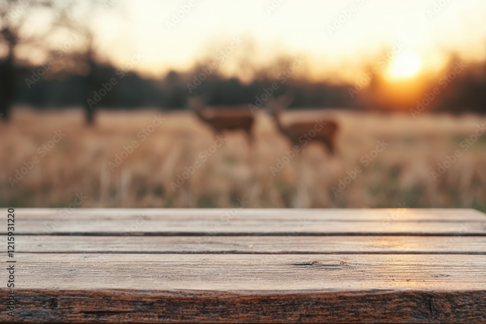 Empty wooden table overlooking grazing deer at sunset Empty wooden table overlooking grazing deer at sunset