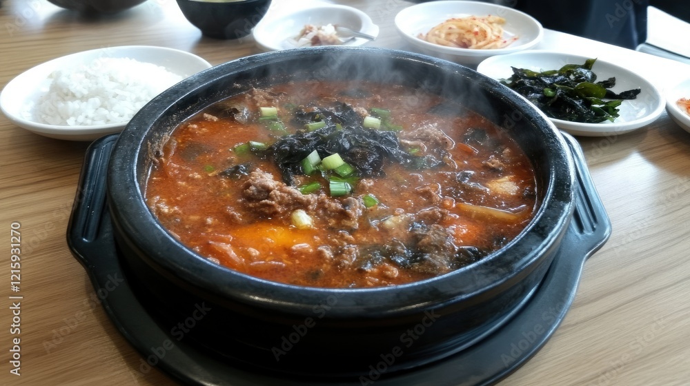 Traditional Korean Yukgaejang stew served with rice, seaweed, and side dishes, steaming hot on a wooden table. Traditional Korean Yukgaejang stew served with rice, seaweed, and side dishes, steaming hot on a wooden table.