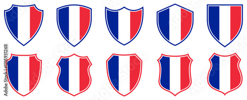 set collections france flag in shield badge icon. france flag symbol of powerful country. france independence day emblem label sticker design template vector illustration