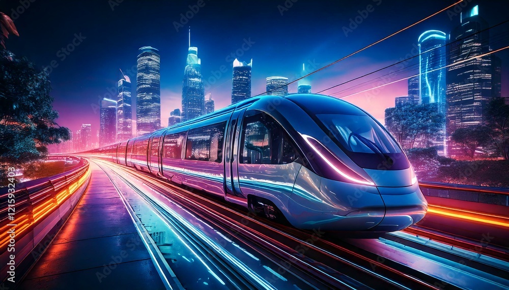 Fototapeta premium futuristic monorail moving through a neon-lit urban landscape.- 