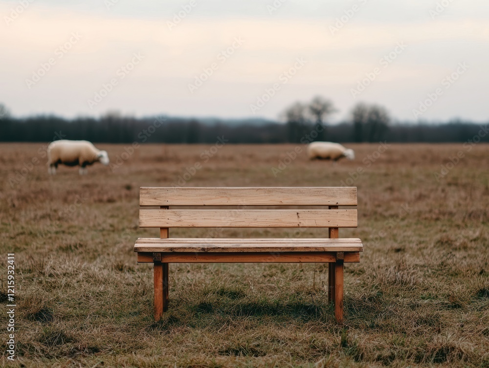 Wooden bench standing in a field with sheep grazing in the distance Wooden bench standing in a field with sheep grazing in the distance