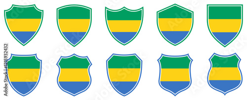 Free Download set collections gabon flag in shield badge icon. gabon flag symbol of powerful country. gabon independence day emblem label sticker design template vector illustration - GFXLoad