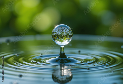 A water droplet, reflecting a lush green environment, poised on a rippling surface. Serene Reflections on a Tranquil Pond Surface