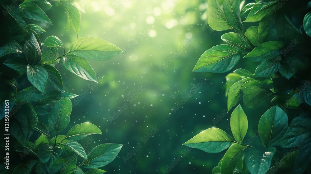 A lush green forest with leaves that are wet and shiny A lush green forest with leaves that are wet and shiny