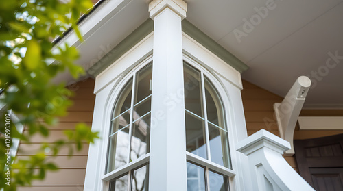 Elegant Home Exterior with Classic Bay Window and White Architectural Details. High-end real estate, home design, and renovation inspiration. photo