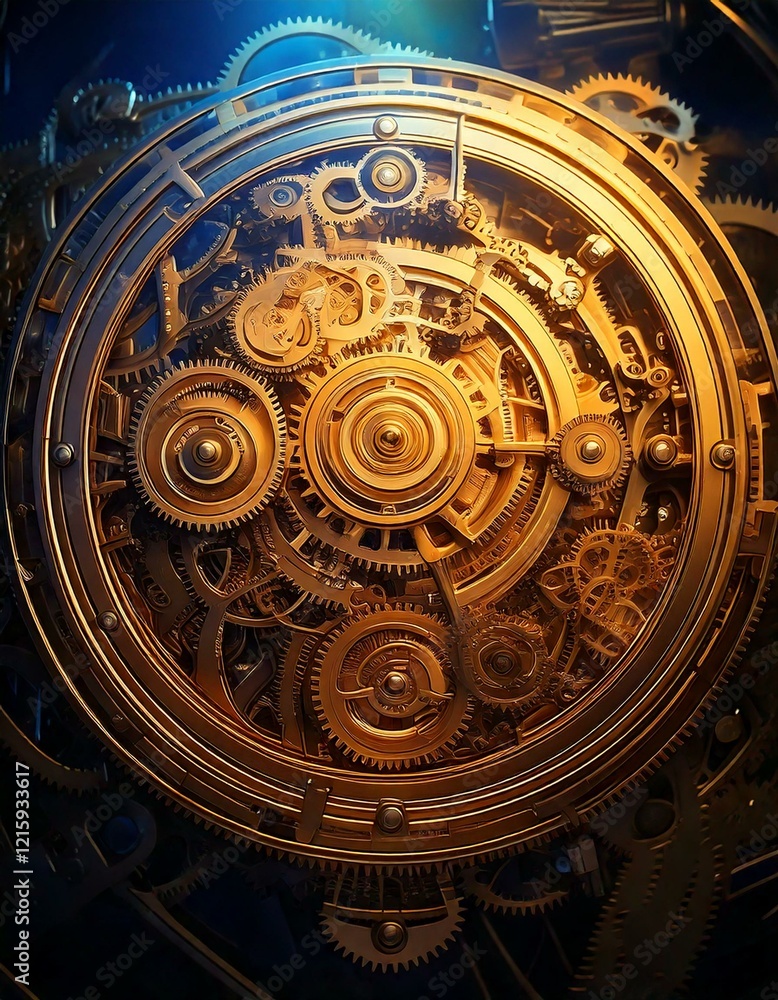Fototapeta premium brass clockwork machine with intricate glowing gears.- 