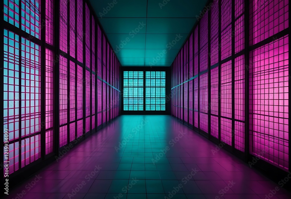 Fototapeta premium Neon Lit Corridor With Purple And Teal Windows