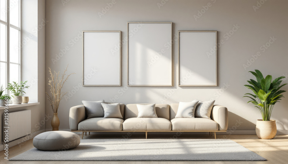 a beige sofa with three white pillows, a gray rug, and two potted plants. Cozy modern living room with photo frame design a beige sofa with three white pillows, a gray rug, and two potted plants. Cozy modern living room with photo frame design