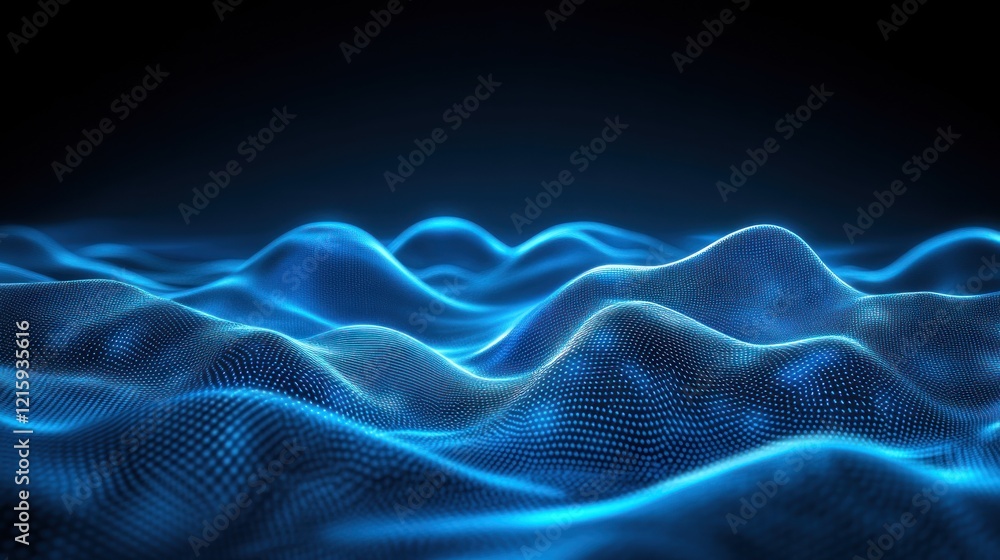 Obraz premium Blue Digital Waves Abstract Background Glowing Particles Dark Setting