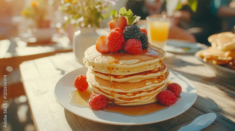 A stack of fluffy pancakes topped with fresh berries and syrup, served on a rustic table, evoking a warm, inviting breakfast scene. A stack of fluffy pancakes topped with fresh berries and syrup, served on a rustic table, evoking a warm, inviting breakfast scene.
