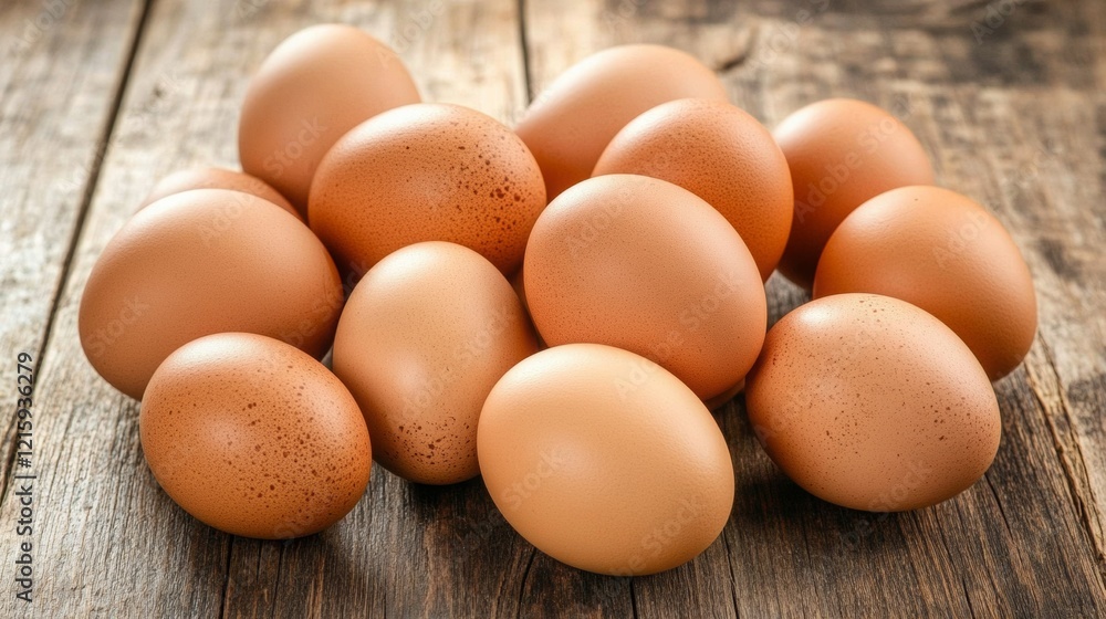 A cluster of fresh brown eggs arranged on a rustic wooden surface, highlighting their natural texture and color.