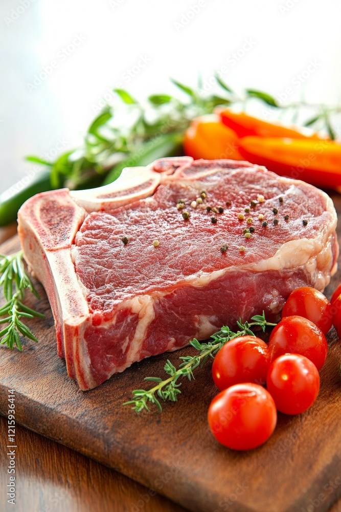 Fresh raw meat with herbs and vegetables, beautifully arranged on a wooden cutting board, ready for cooking. Fresh raw meat with herbs and vegetables, beautifully arranged on a wooden cutting board, ready for cooking.