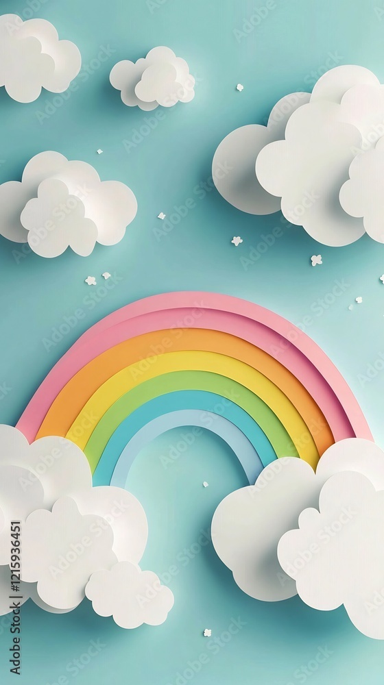 Pastel Rainbow Arcs Gently Over Fluffy Clouds. AI Generated