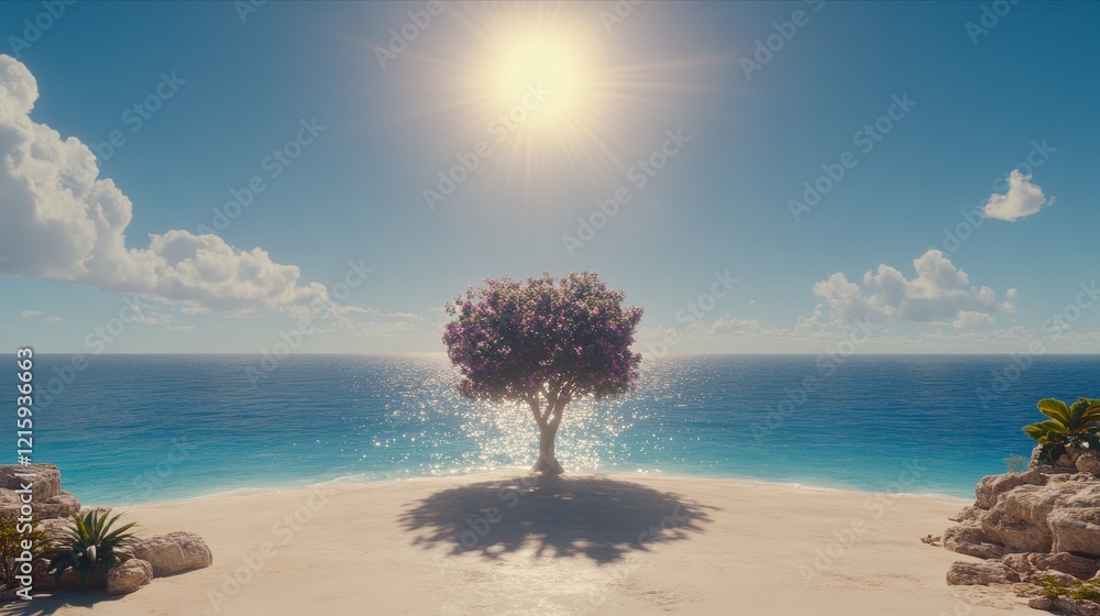 Obraz premium Solitary Blooming Tree on Tropical Beach Paradise