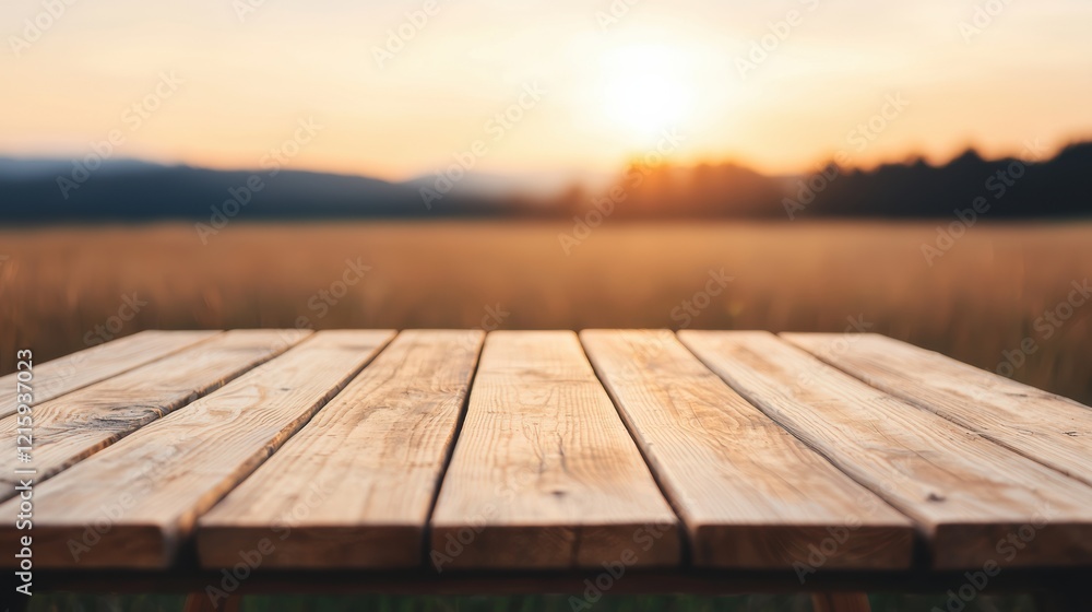 Empty wooden table standing in a field at sunset, creating a rustic outdoor atmosphere Empty wooden table standing in a field at sunset, creating a rustic outdoor atmosphere
