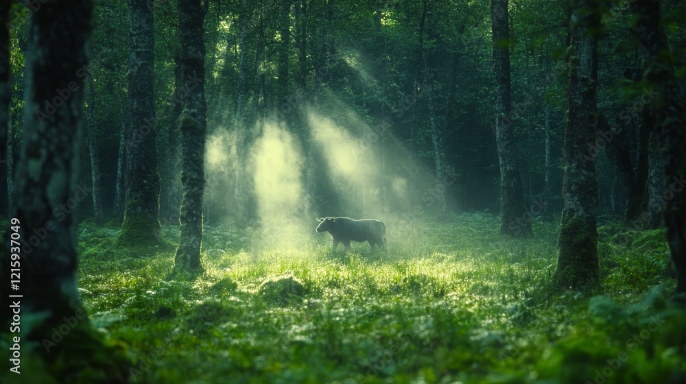 Fototapeta premium Solitary Cow in Misty Forest Glade Sunlight