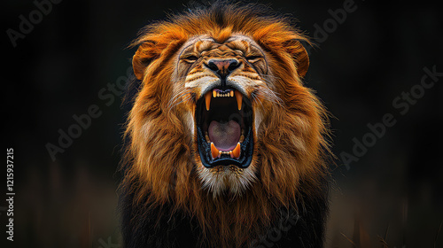 Majestic male lion roaring with mouth open, showcasing powerful teeth and mane against a dark background.