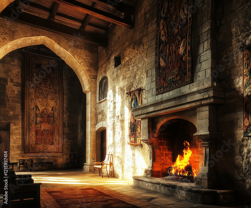 Old stone fireplace in a grand castle with historical charm and rustic ambiance photo