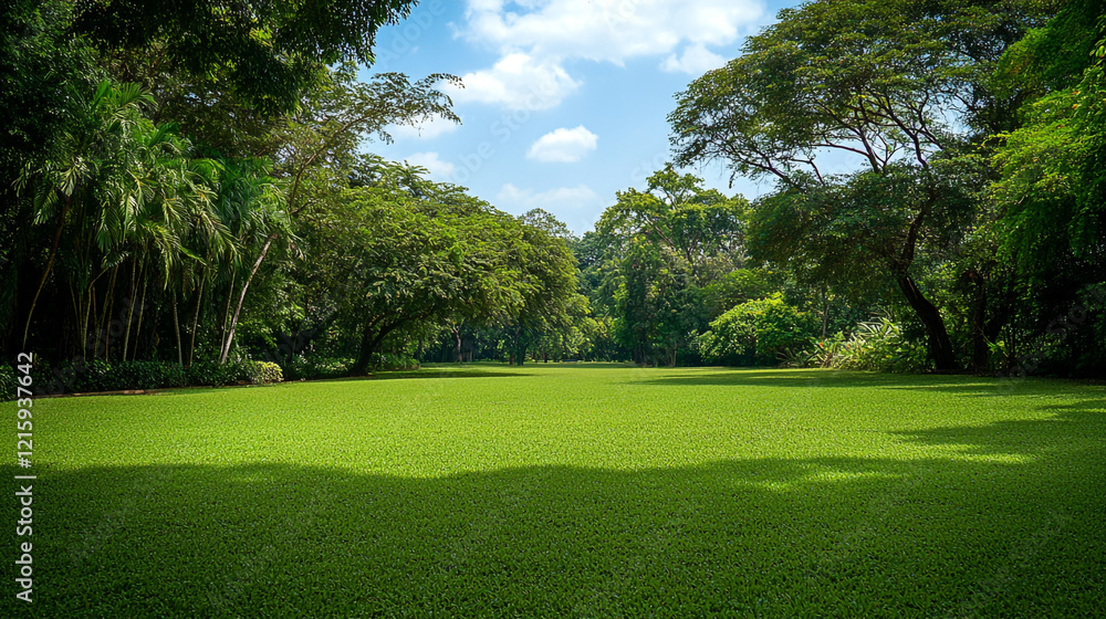 Lush green park under a bright blue sky with scattered clouds Lush green park under a bright blue sky with scattered clouds