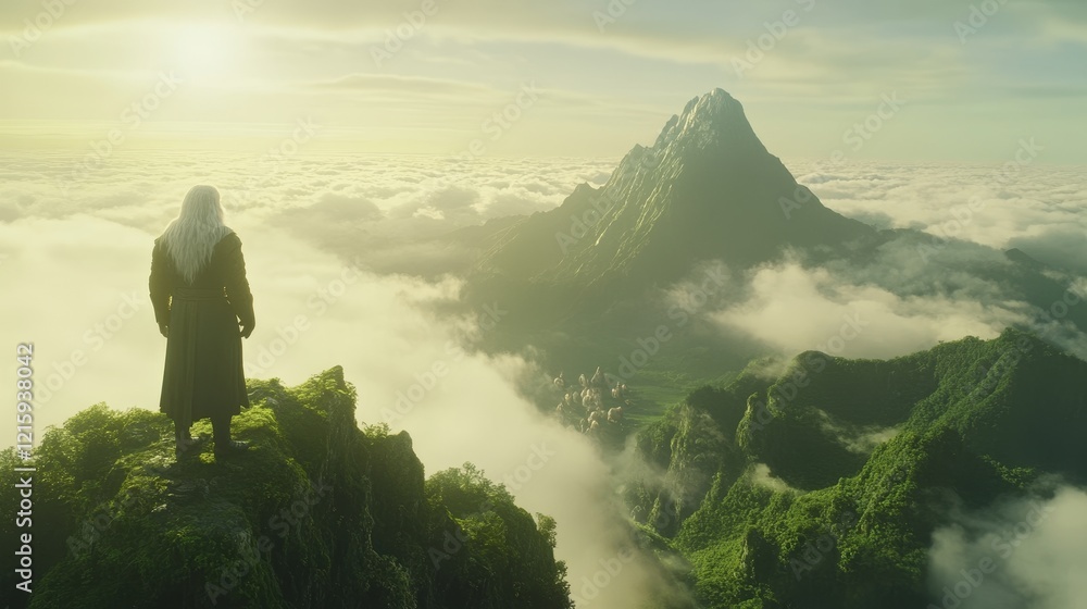 Obraz premium Solitary Figure Contemplates Cloud-Shrouded Peaks