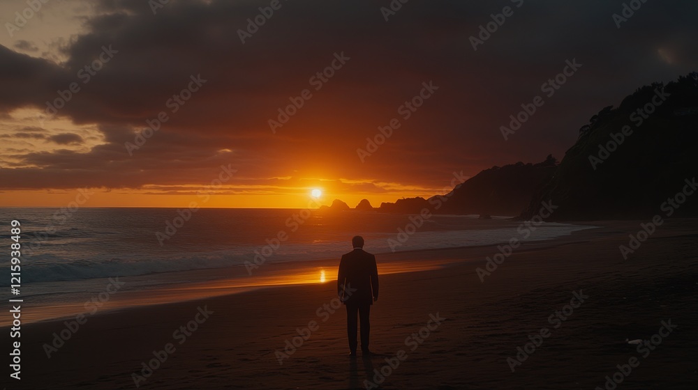 Solitary Figure Contemplates Ocean Sunset Silhouette Solitary Figure Contemplates Ocean Sunset Silhouette