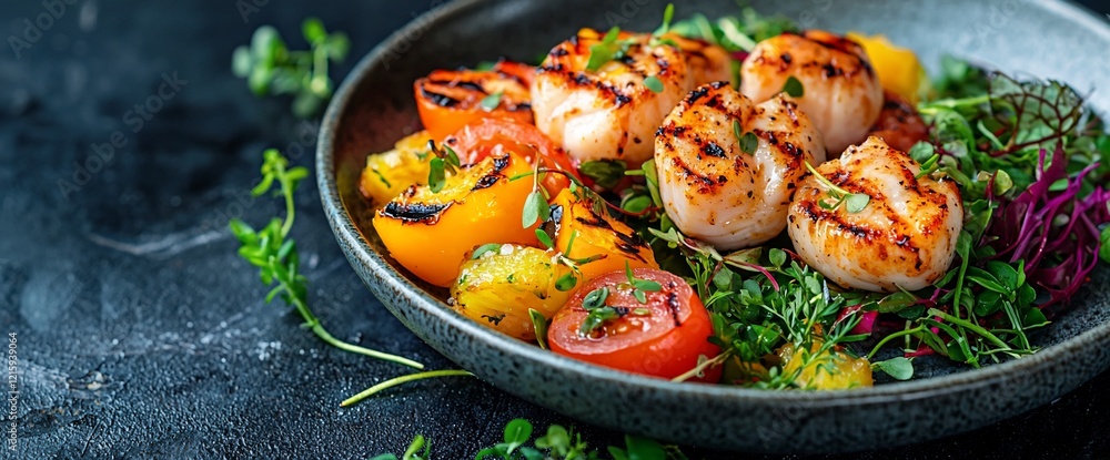 Grilled scallops and grilled vegetable salad. Grilled scallops and grilled vegetable salad.