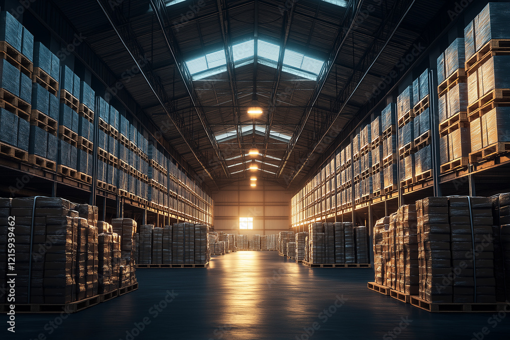 Solar warehouse at twilight, high stacks of eco-conscious materials bathed in soft light Solar warehouse at twilight, high stacks of eco-conscious materials bathed in soft light