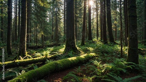 Healthy Green Forest with Tall Spruce and Pine Trees