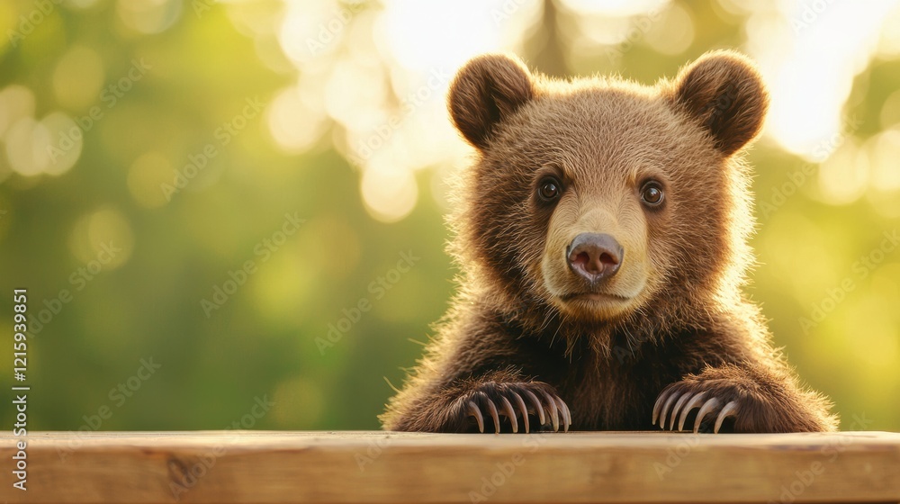 Obraz premium Brown bear cub standing by a wooden table in a forest