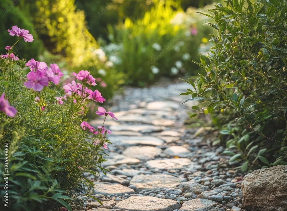Stone pathway winding through a lush garden with pink flowers in the foreground and trees in the background Stone pathway winding through a lush garden with pink flowers in the foreground and trees in the background