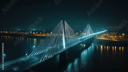 Night View of a Modern Cable-Stayed Bridge Spanning a River