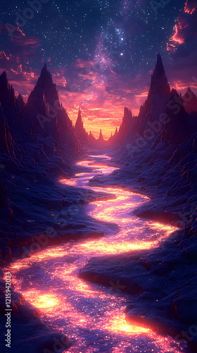 Glowing River Flows Through Alien Mountains photo