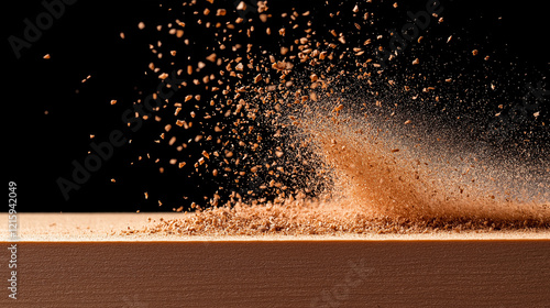 Flying sawdust particles captured in motion during woodworking.