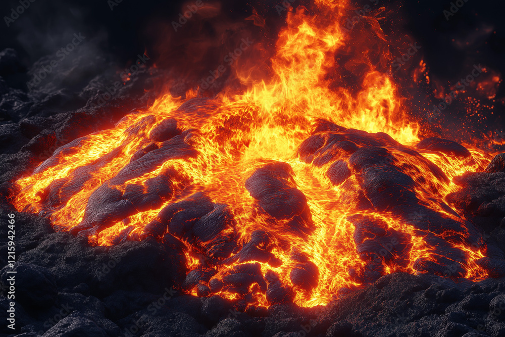 Lava Spilling Over Black Stone Canyons with Brilliant Fiery Lava Streams Lava Spilling Over Black Stone Canyons with Brilliant Fiery Lava Streams