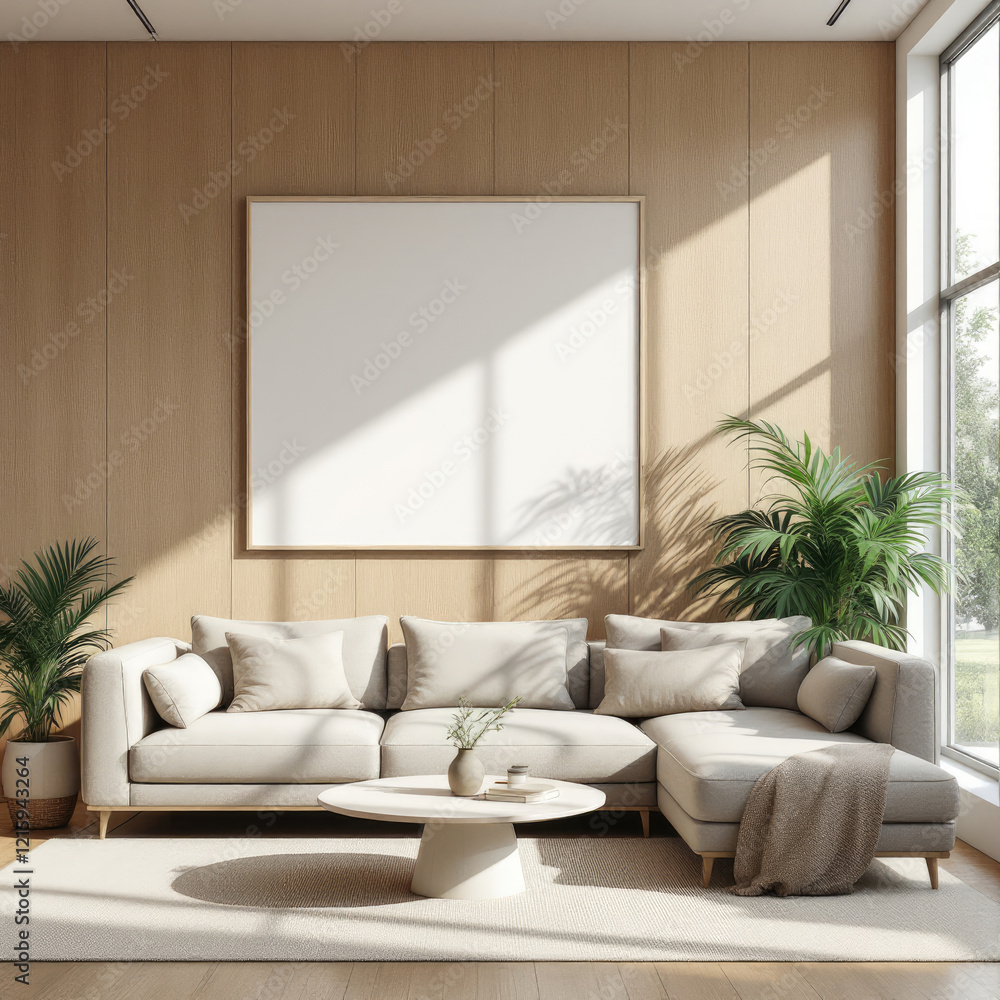 Fototapeta premium a large white sofa with three pillows, a round coffee table, and a large window with a view of trees. Cozy modern living room with photo frame design